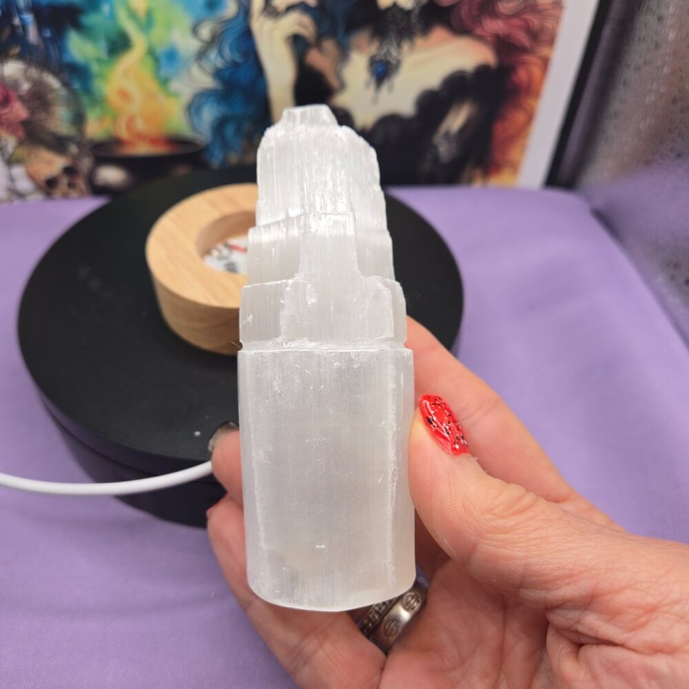 Selenite Crystal Tower 7-Color Changing LED Lamp etched with Triple Moon Goddess - Picture 5 of 5